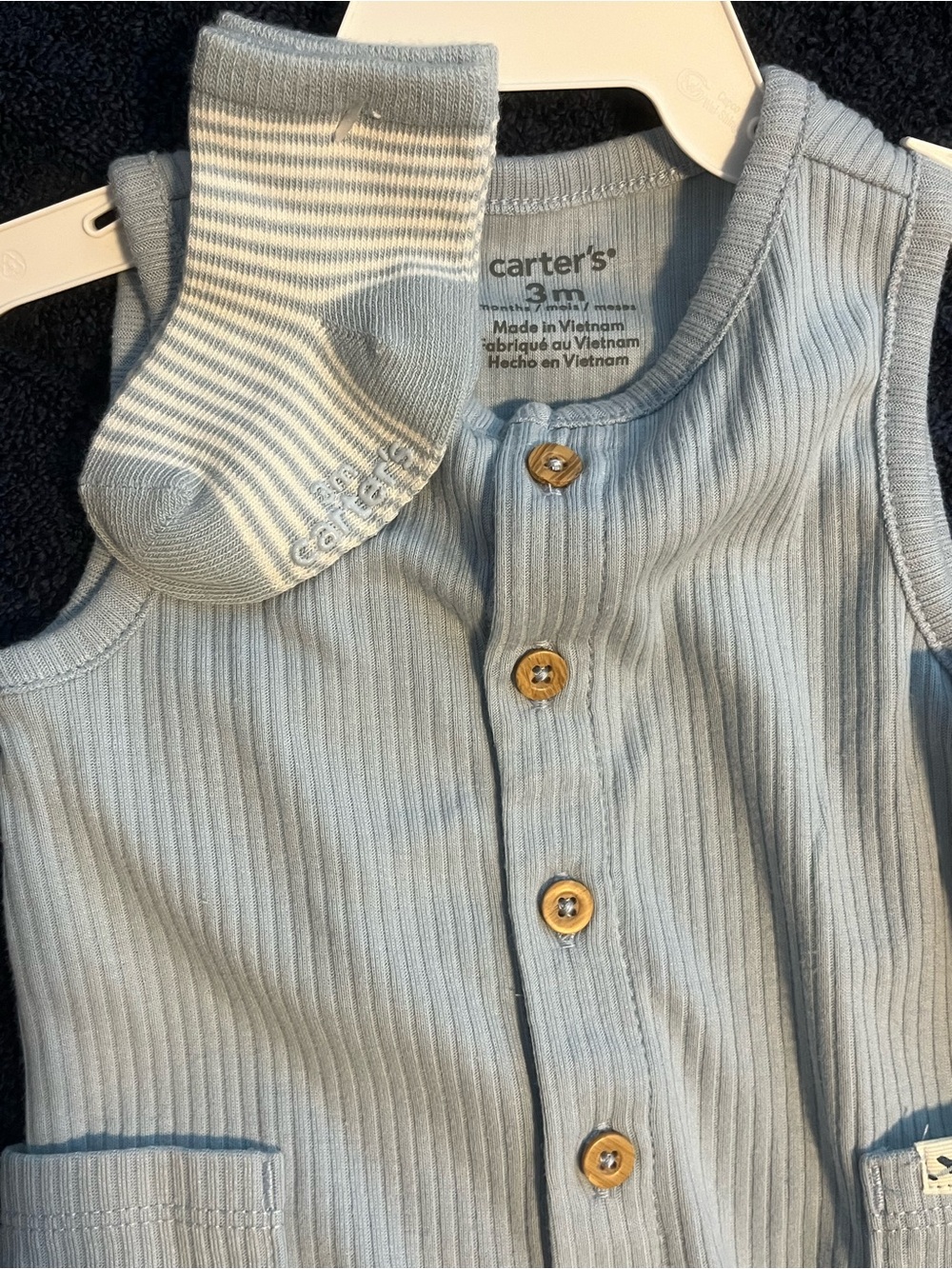 Carter's Light Blue Ribbed Button Romper with Striped Socks